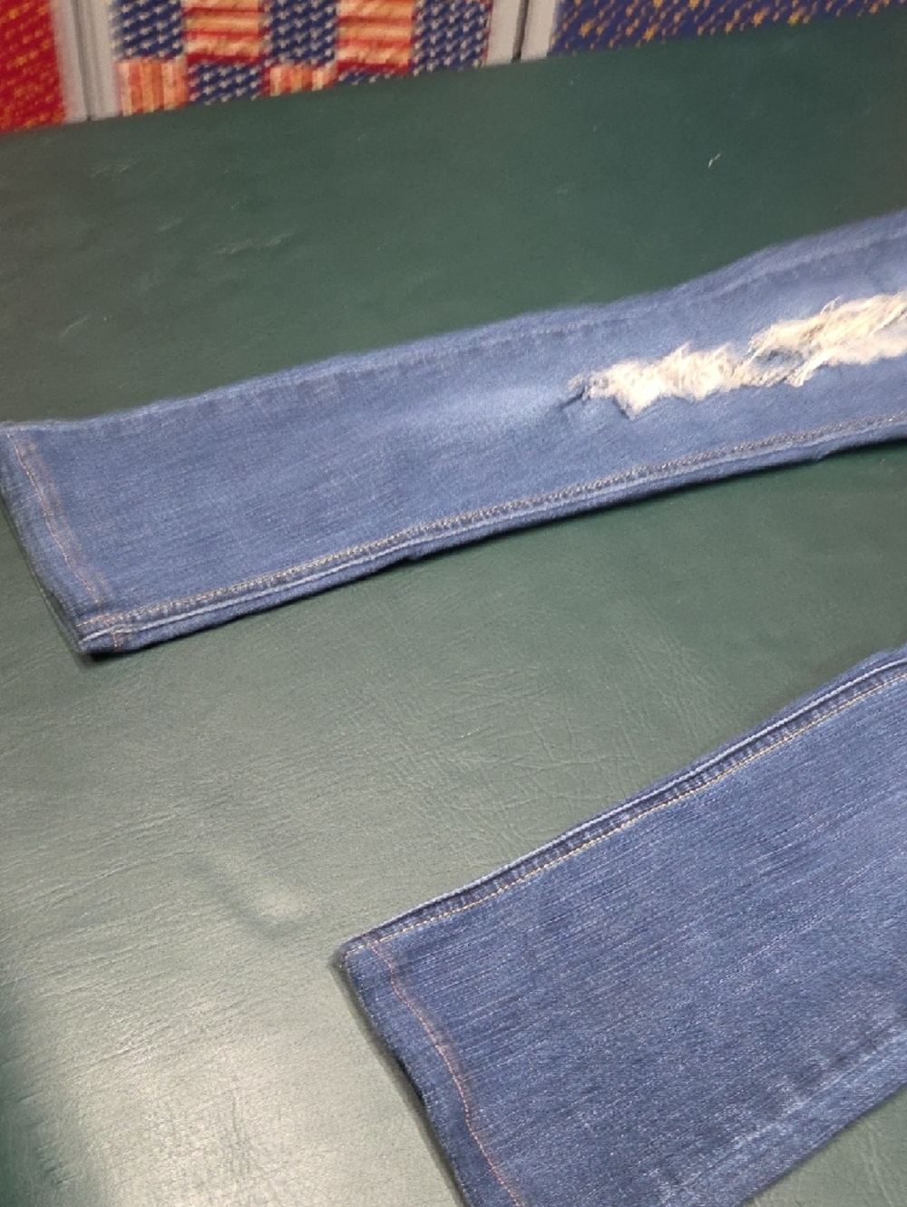 **Women’s Skinny Distressed Blue Jeans with Burgundy Patch Details** - Picture 6 of 11